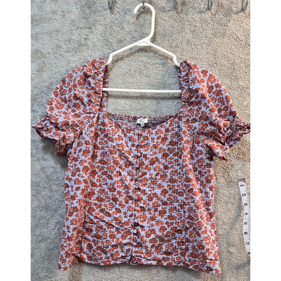 Tops - Madewell Floral Button Front Smocked Back Puff Sleeve Top Rust Blue Size 4